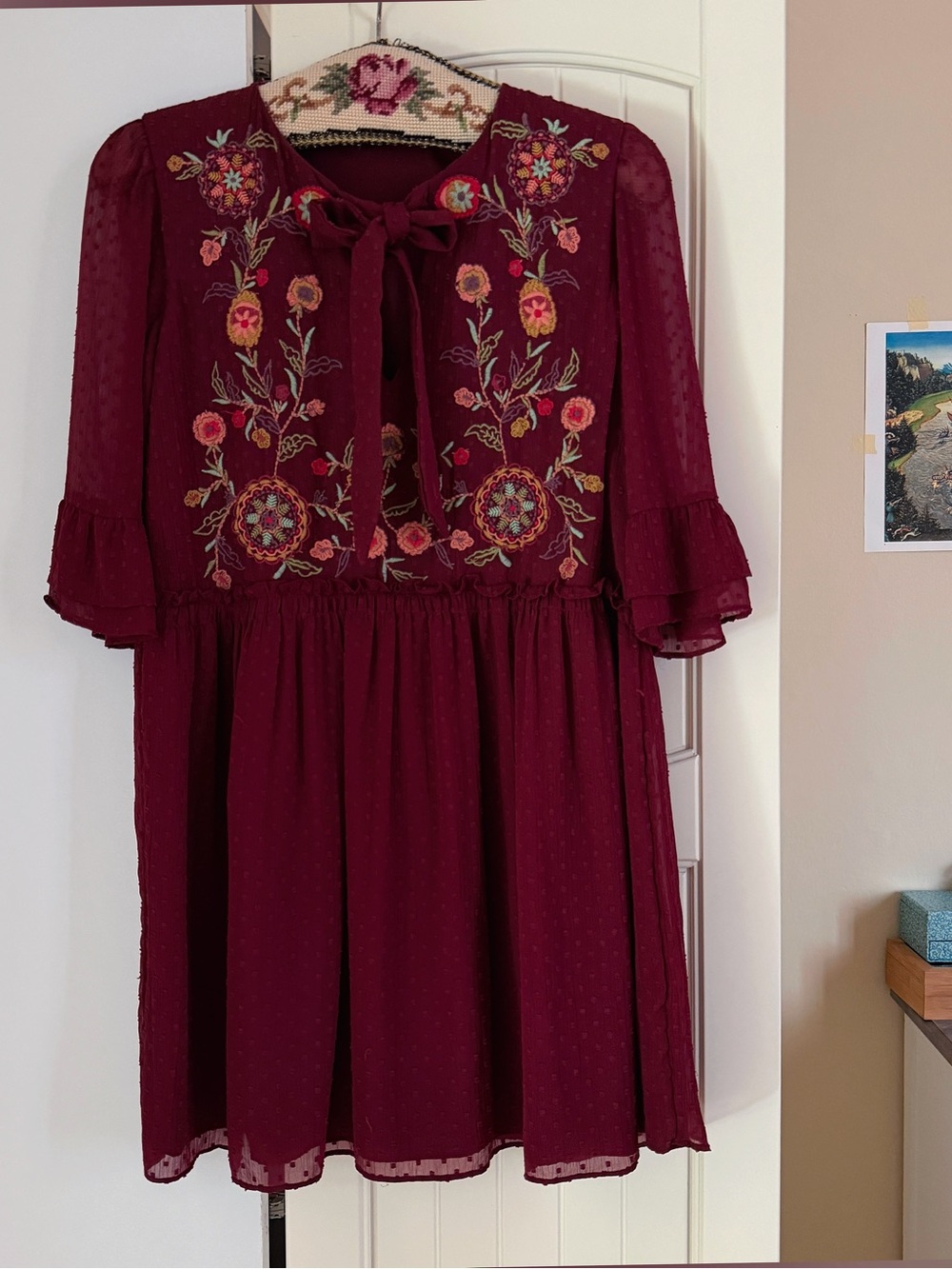 Zara Burgundy Mini Dress with Floral Embroidery and Tie Neck
